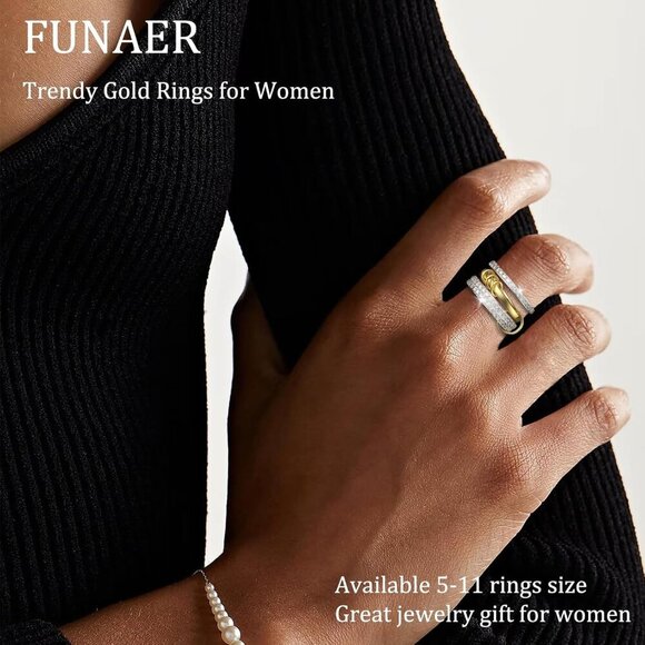 Stackable Rings Women Non Tarnish 18K Gold Silver Mixed Metals Gift - Picture 4 of 7